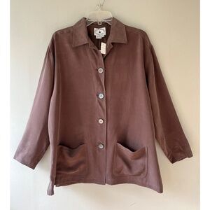 Arleen Bowman Sz M Brown Silk Deluxe Oversized Jacket Blazer Button Down Pockets